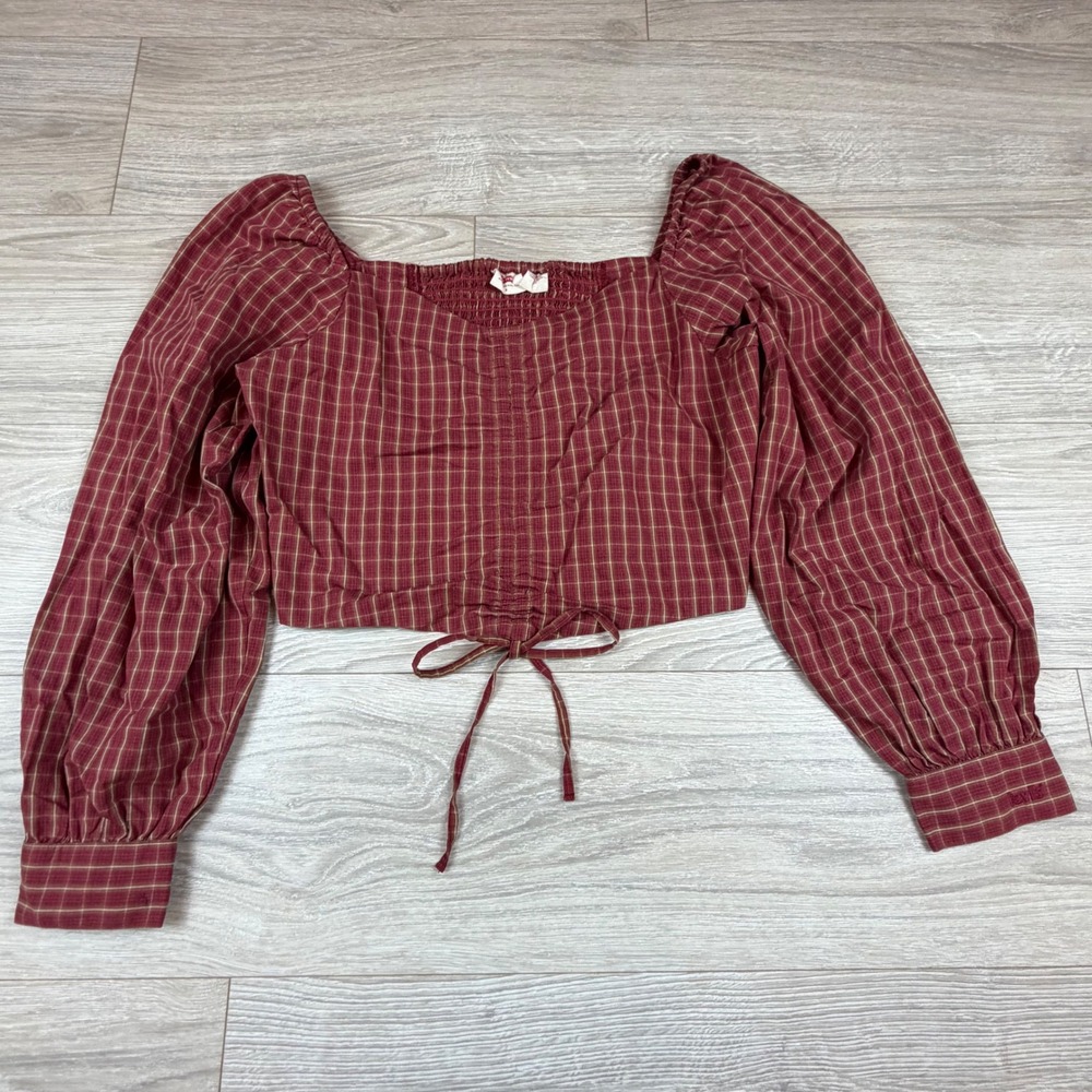 Levi's Red Plaid Square Neck Smocked Crop Top‎ Women's Size S Puff Sleeve